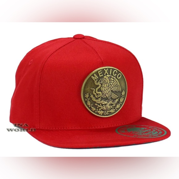 Mexican Hat Mexico Metallic Brass Eagle Logo Snapback Flat Bill Baseball Cap - Picture 3 of 7